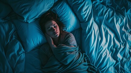 woman sleeping in bed with blue blankets. person in the dark