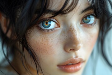beautiful woman model posing for conceptual photo. woman with black hair and green eyes close up portrait