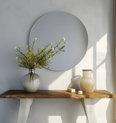 wooden shelf next to mirror in the style of photo. living room interior. design of living room
