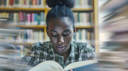 young black african woman in library writing with book. African woman studying for exam