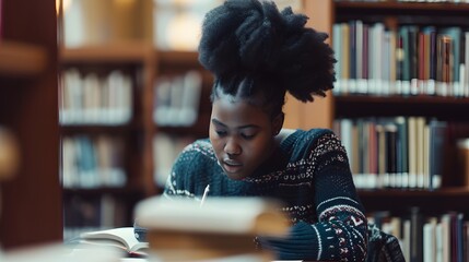 young black african woman in library writing with book. African woman studying for exam