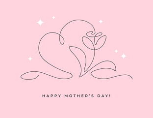 Greeting card or banner design for Mother's Day, Women's or Valentine's Day with elegant continuous monoline flower and heart shape illustration.