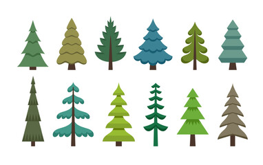 Pine and fir trees vector illustration set in flat style. Christmas trees of different shapes collection. Wood and forest symbol.