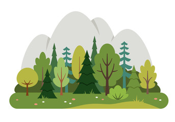 Forest illustration with pine trees and mountains.