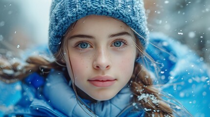 young girl in city running in blue scenery with snow and water around