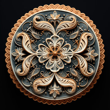 A circular wooden carving with a floral design.