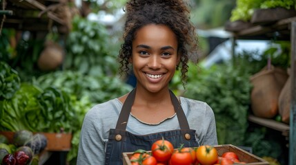 young black african american farmer wearing apron. person with vegetables in the garden. person with a basket of apples
