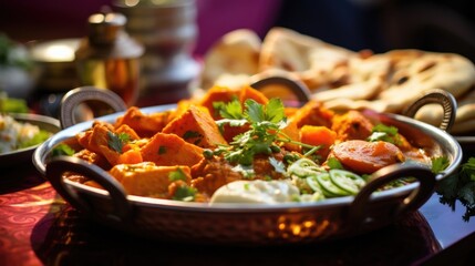 Closeup of a platter of colorful and aromatic Indian dishes, including samosas, naan bread, and chicken tikka masala.