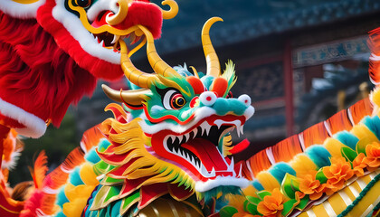 Chinese Dragon Head performing its traditional dragon dance festival. Chinese New Year celebration 2024 created with generative ai	
