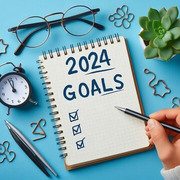 2024 New Year diary, plan, and action concepts. 2024 goals Text on Note Pad, glasses on the Blue background. New Year's resolutions plan.Happy New Year theme copy space created with generative ai	