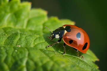 Red Ladybird with Black Spots on a Green Leaf