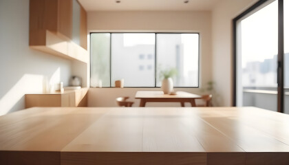 Fototapeta na wymiar Empty wooden table in a clean, elegant modern indoor home interior