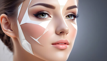Low poly female human face laser skin treatment. rejuvenation procedure beauty salon care. clinic medicine beauty skin care ads model created with generative ai	