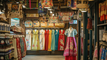 Fototapeta na wymiar Colors of Tradition: A Hanbok Store in a Korean Market