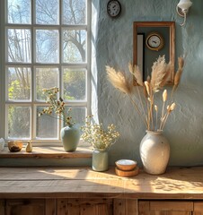 window ledge with a clock a mirror and a vase. flowers in a window