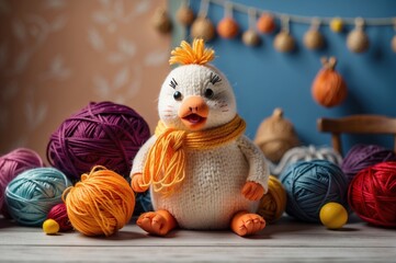 Fototapeta premium Adorable knitted chicken character