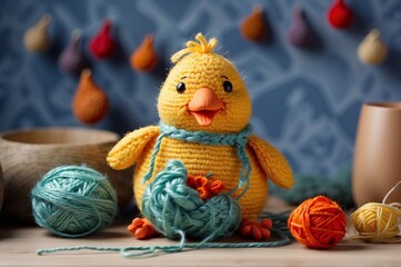 Adorable knitted chicken character