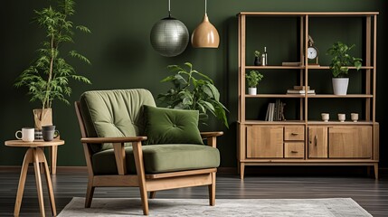 Scandinavian greenery  modern living room with green sofa, chair, and bookshelf against green wall.