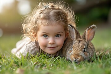 An adorable fluffy bunny playing with a child in a tender moment. Rabbit with soft fur and curious eyes in a silent bond of friendship with a child.