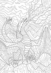 Fototapeta na wymiar coloring book page for adults and children. Fantasy dragon with wings