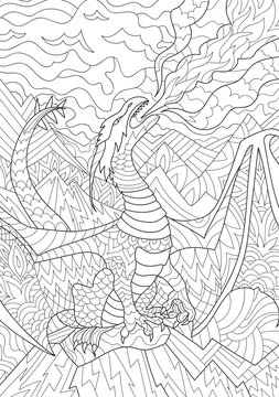 coloring book page for adults and children. Fantasy dragon with wings
