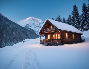 Illuminated Cabin on Snowy Evening