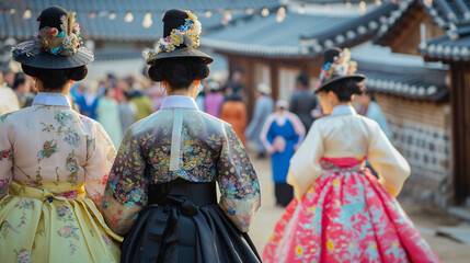 Obraz premium Beautiful back view of women wearing Hanbok, a traditional Korean costume.