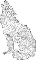 Floral adult coloring book page. Fairy tale wolf. Ethereal animal consisting of flowers