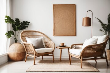 scandinavian interior home design of modern living room with rattan chairs and wooden decorations with white wall with empty mockup poster frame