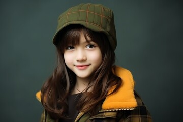 A portrait of a cute little girl in a cap and coat.