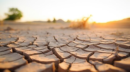 Detailed image of a cracked riverbed, depicting the consequences of dry spells caused by climate change. - obrazy, fototapety, plakaty