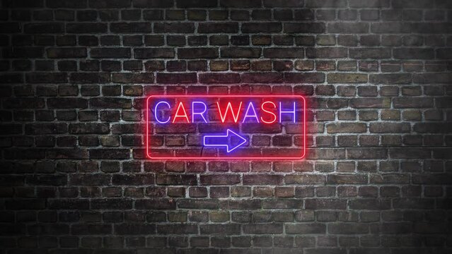 Car wash neon signboard on bricks wall background. Neon sign flickering. Arrow to the right. Concept of storefront.