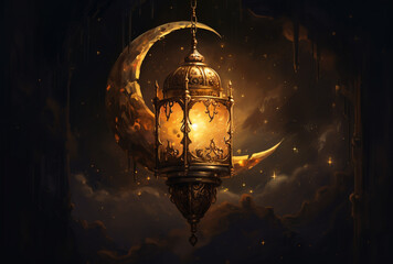Arabic lantern with burning candle and luxury crescent moon on a dark background, Ramadan Kareem Lantern decorative candle glowing - obrazy, fototapety, plakaty
