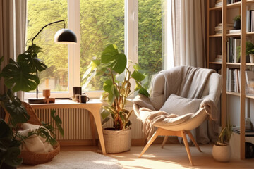 Inviting Home Office Nook with Cozy Chair and Warm Reading Light