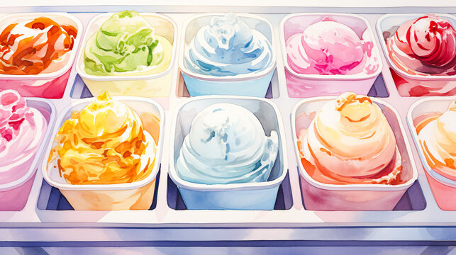 ショーケースに並んだ多彩なアイスクリームの水彩イラスト