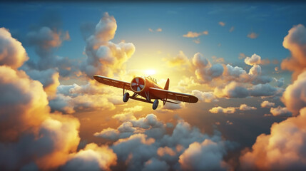 Vintage old propeller fighter plane flying in the sunset blue sky with clouds - obrazy, fototapety, plakaty