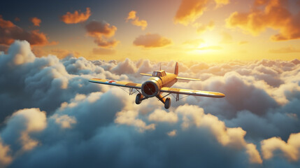 Vintage old propeller fighter plane flying in the sunset sky with cloud 