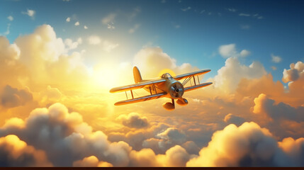 Vintage old propeller fighter plane flying in the sunset sky with cloud
