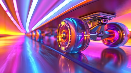 Vibrant close up of colorful skateboard wheels and bearings in dynamic lighting