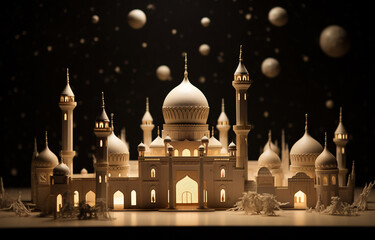 Obraz premium A beautiful golden Islamic mosque on crescent moon night in reflection water, Ramadan decoration, moon night view, Top View of a Mosque