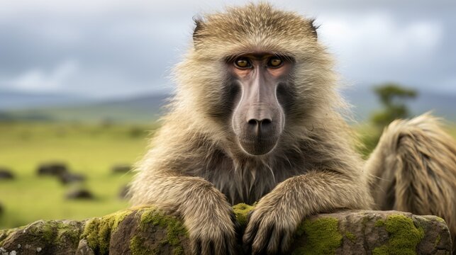 Stunning close up of a majestic baboon in its natural habitat, captured in wildlife photography