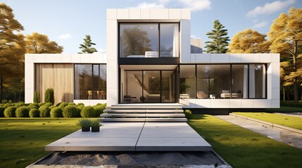 Luxurious minimalist cubic house with light colors, wooden cladding, and landscaped front yard