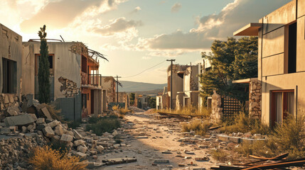 a post-apocalyptic scene with a ruined road and buildings. earthquake aftermath