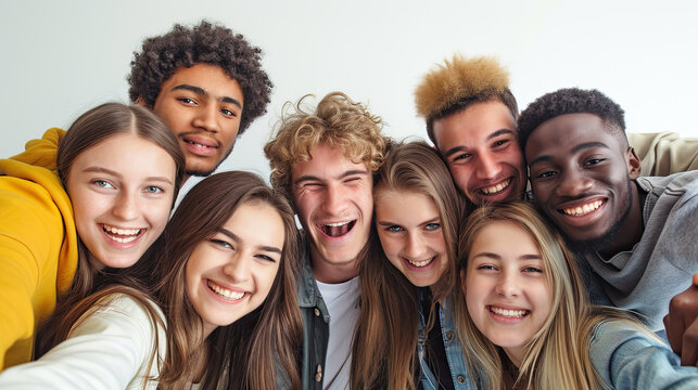A group of young people posing for a picture, happy people taking picture together on white background