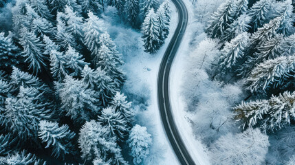 a winding road surrounded by snow-covered trees. The road is surrounded by a forest of trees, creating a picturesque scene. The trees are covered in a thick layer of snow