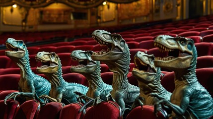 A group of dinosaurs sitting in a movie theater