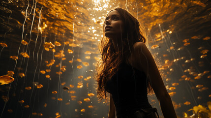 Serene Underwater Scene with Woman Surrounded by Fish and Sunbeams