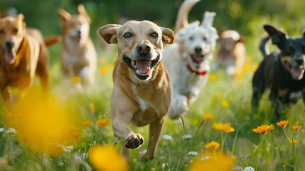 Fotobehang さまざまな種類の笑顔の犬が草原を駆け回っている © Coo