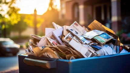 Detail of a recycling bin overflowing with flattened cardboard boxes and newspapers. - obrazy, fototapety, plakaty