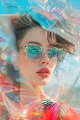 Embrace in Translucence, pop art fashion photo with a model in pop art clothes and mirror glasses...
